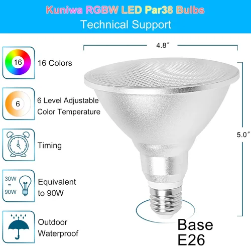Vista 2 de Paquete de 2 bombillas de inundación PAR38 para exteriores de 30 W, LED que cambia de color a prueba de agua, equivalente a 100 W, temporizador