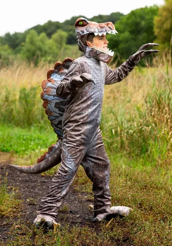 Vista 3 de Disfraz realista de espinosaurio para niños, overol de dinosaurio espinosaurio para niños, traje de cosplay jurásico para niños, talla S