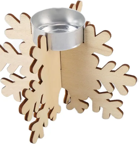 Vista 3 de Portavelas de madera con forma de copo de nieve, decoración de mesa de comedor, candelabro de Navidad de copo de nieve de madera elegante