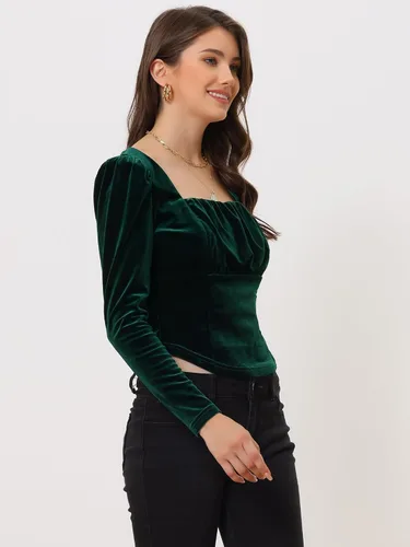 Vista 4 de Allegra K Blusa corta de manga larga para mujer, blusa de terciopelo con cuello cuadrado