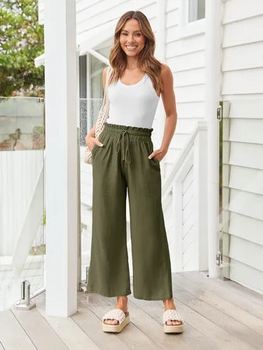 Vista 2 de LILLUSORY Pantalones de lino para mujer, casuales, de cintura alta, pierna ancha, con bolsillos