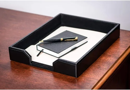 Vista 2 de Dacasso Bandeja de escritorio de cuero regenerado, soporte de cartas de lujo y organizador de papel para escritorio, 13.5 x 10.5 x 2.13 pulgadas