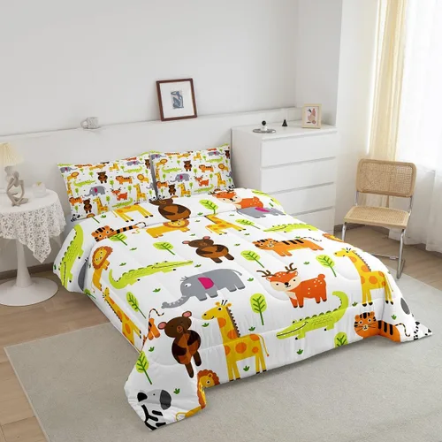 Vista 3 de Erosebridal Juego de ropa de cama individual de animales del zoológico para niños, lindo juego de edredón de animales salvajes de dibujos animados