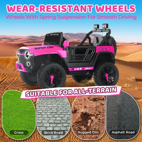Vista 8 de Juguetes de paseo de 24 V para niños, camión eléctrico 4WD de 2 plazas con control remoto parental, Jeep rosa para niñas, 3 velocidades, suspensión