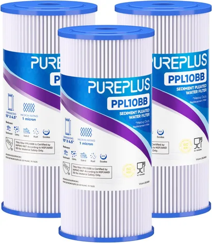 Vista 13 de PUREPLUS Filtro de sedimento plisado para toda la casa de 1 micrón de 10 x 4.5 pulgadas para agua de pozo, cartucho de repuesto para GE FXHSC