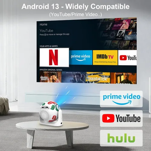 Vista 3 de Mini proyector con WiFi y Bluetooth, proyector de películas para techo de dormitorio 4K Supported, 180° Rotatable, Built-in Apps, Auto Keystone &