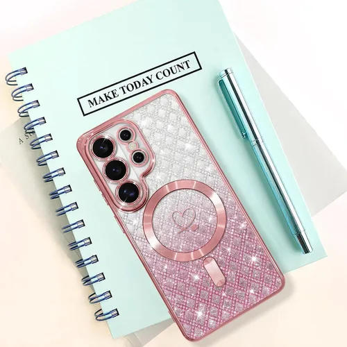 Vista 480 de Bonoma - Funda compatible con Samsung Galaxy S21 Plus, diseño de corazón con purpurina, color rosa Support for MagSafe, Plating Magnetic Case TPU