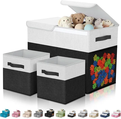 Vista 9 de Paquete de 3 Cajas Grandes de Almacenamiento de Juguetes de 23" con Cubos Contenedores de 11", Organizador Cofre de Juguetes Plegable con Tapas