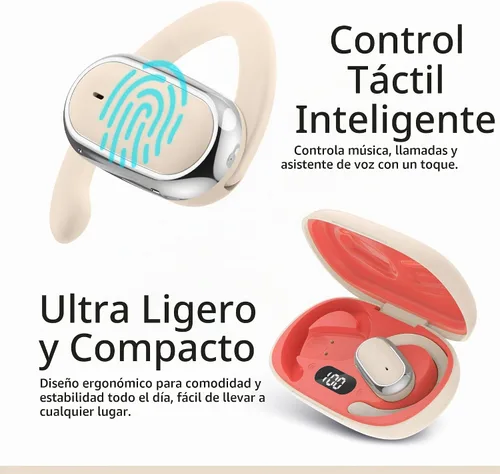Vista 3 de Quiksilver Auriculares inalámbricos de oreja abierta, auriculares Bluetooth 5.4 con pantalla digital inteligente y gancho ergonómico de ajuste Beige