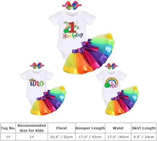 Vista 6 de IBAKOM Conjunto de ropa de 3 piezas para bebé niña de 1er cumpleaños + tutú de tul de princesa arcoíris + diadema con lazo, conjunto de ropa de 3