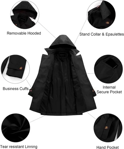 Vista 5 de CREATMO US - Gabardina clásica con solapa de doble botonadura para mujer, sobretodo ceñido con cinturón y capucha desmontable