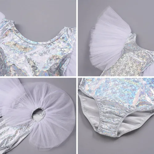 Vista 6 de AFAVOM Leotardos metálicos brillantes de ballet para niñas pequeñas con volantes de tul para gimnasia, disfraz de Halloween y baile