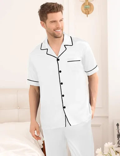 Vista 2 de SWOMOG Mens Satin Pajama Set Short Sleeve Classic Sleepwear Button Down Silky Loungewear with Long Pants