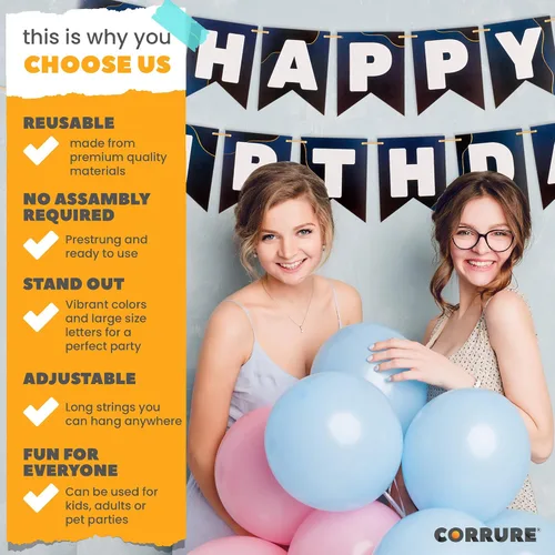 Vista 3 de CORRURE Cartel de feliz cumpleaños – Pancartas azules preencordadas con lámina dorada – Bandera grande para fiestas para mujeres, hombres, niñas