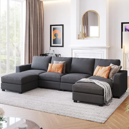 Vista 18 de Sofá tapizado de estilo moderno en forma de L con 2 almohadas, sofá de felpilla de lujo, ideal para sala de estar u oficina (beige #chenilla)