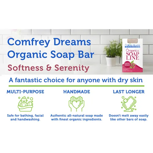 Vista 4 de Jabón corporal orgánico natural hecho a mano Comfrey Dreams con barra de champú con cártamo, palma y oliva para pieles sensibles Lujoso