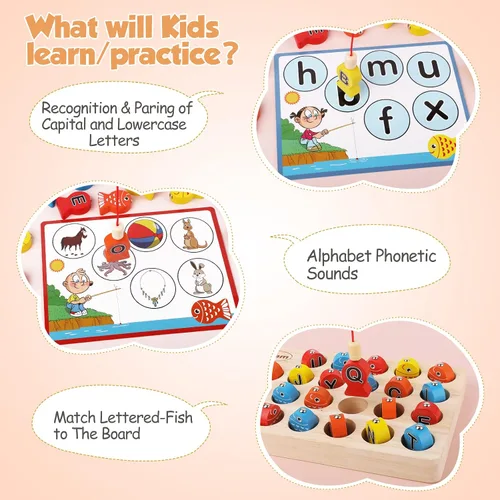 Vista 2 de Torlam Juguete magnético de pesca de madera para niños pequeños, juguete de habilidad motora fina, aprendizaje del alfabeto ABC para niños pequeños