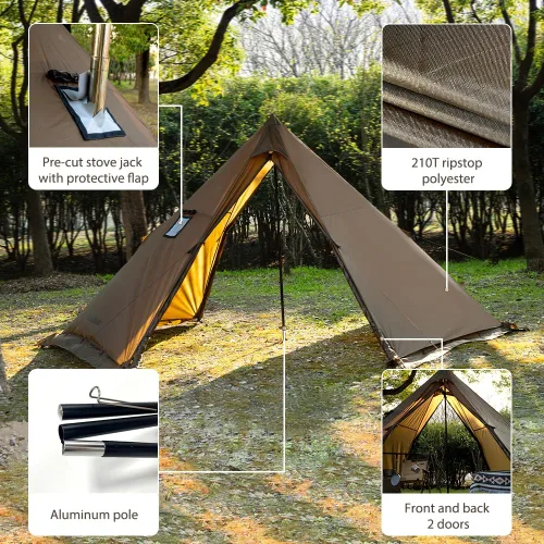 Vista 3 de Tienda Caliente con Conexión para Estufa y Faldón para Nieve, 6.89~8.53 pies de Altura Interior, 2~5 Personas, Tienda Tipi para Senderismo Familiar