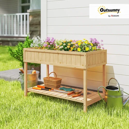 Vista 2 de Outsunny Cama de jardín elevada de 43 x 18 x 30 pulgadas con 8 bolsillos y estante, maceta elevada de madera con patas para cultivar hierbas, Madera