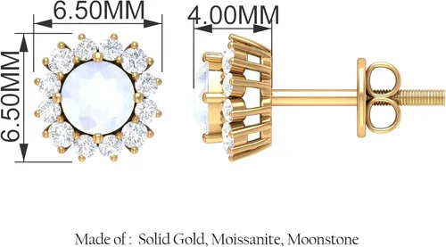 Vista 4 de 1 CT Moonstone and Moissanite Stud Earrings 4 MM Moonstone Stud Earrings Moonstone Stud Earrings with Halo Moissanite Light Blue Moonstone Stud