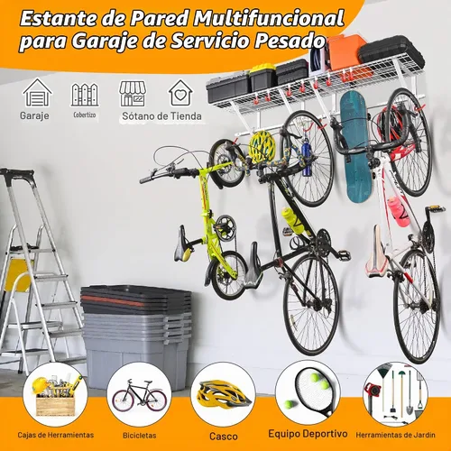 Vista 2 de PLKOW Estantería de pared de garaje, paquete de 4 unidades, incluye ganchos para bicicleta, estante de garaje ajustable y resistente organizador