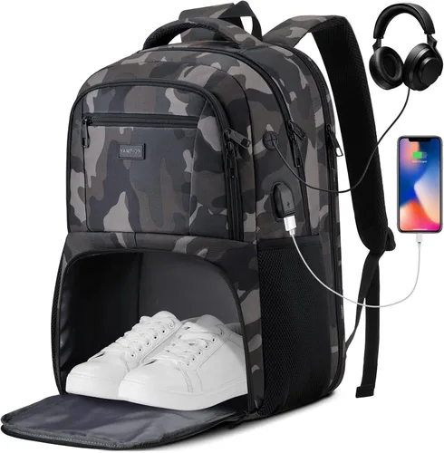 Vista 8 de YAMTION Mochila de gimnasio para hombres y mujeres con compartimento para zapatos, bolsa de libros de 17,3 pulgadas para niños con puerto USB