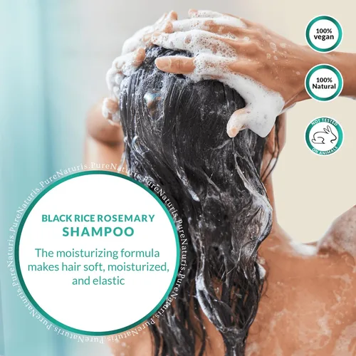 Vista 9 de PureNaturis Champú orgánico de agua de arroz negro con romero para el crecimiento del cabello, spray de agua de arroz, con agua de romero, biotina