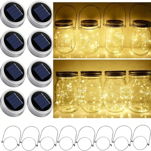 Vista 9 de Luces solares mejoradas para frascos, paquete de 8 unidades, 10 LED, impermeables, para frascos de luciérnaga, luces con ganchos