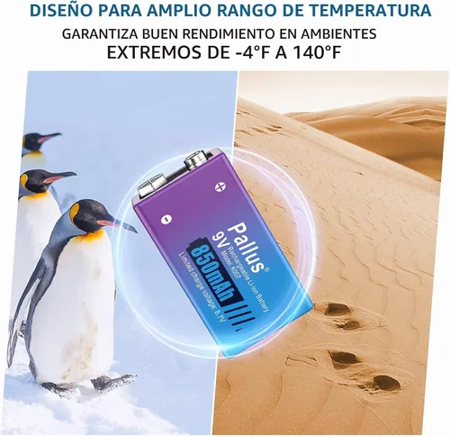 Vista 7 de Pallus Baterías recargables de 9 V con cargador, paquete de 4 baterías recargables de litio de 850 mAh de 9 voltios para alarmas de humo e