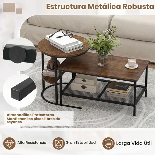 Vista 5 de Giantex Juego de 2 mesas auxiliares anidadas, mesa rectangular desmontable y mesa redonda con veta de madera, marco de metal dorado resistente, mesa