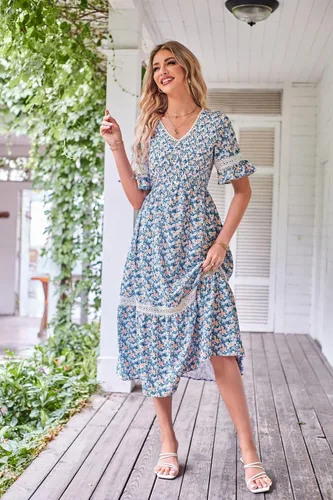 Vista 4 de GRACE KARIN Vestido largo bohemio con cuello en V para mujer, manga corta, fruncido, escalonado, cintura imperio, con volantes, para la playa