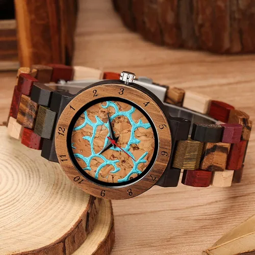 Vista 3 de Reloj de luz de madera para mujer, reloj analógico para mujer, correa de madera con cierre plegable, relojes de madera para mujer