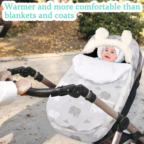 Vista 3 de Funda de asiento de coche para niños, funda acogedora y cálida de invierno, funda de asiento de coche para bebé con diseño de elefante, toldo