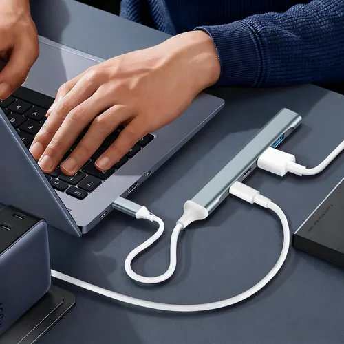 Vista 6 de Hub USB 3.0, concentrador USB 5 en 1 con USB C portátil y divisor USB de aluminio para laptop, Xbox, unidad flash, disco duro, consola, impresora