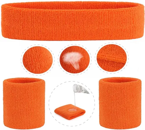 Vista 17 de ONUPGO - Conjunto de diadema y muñequeras deportivas para el sudor, hechas de algodón con bucles, muñequeras, contra humedad