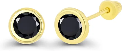 Vista 2 de Aretes de tuerca de oro macizo de 14 quilates, hipoalergénicos, de 0.157 in, con bisel de piedra natal auténtica, con cierre de tornillo