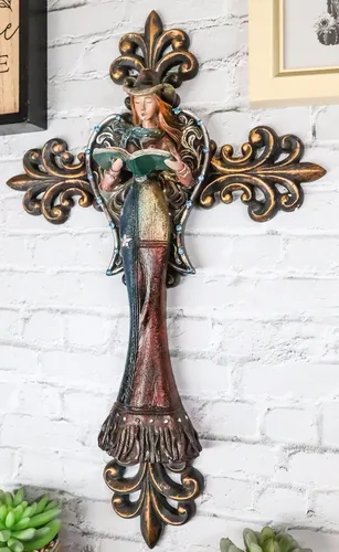 Vista 8 de Ebros Gift Rustic Fleur De Lis Le Fleur French Lily with Texas Western Cowgirl Angel Wall Cross Decor Placa Colgante Escultura Figurita 17" Alto