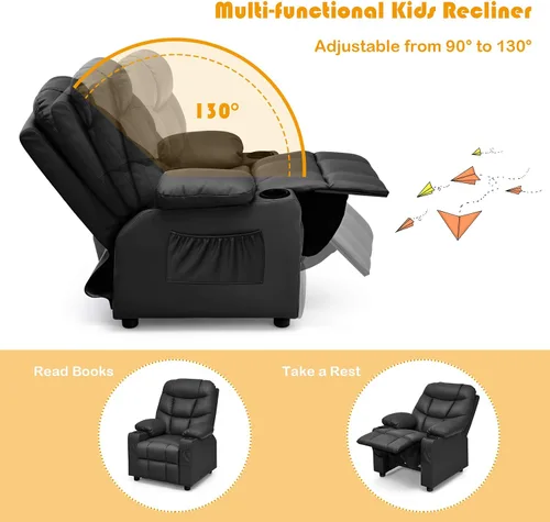 Vista 5 de Costzon Silla reclinable para niños con soporte para tazas, silla de salón de cuero ajustable con reposapiés y bolsillos laterales para habitación