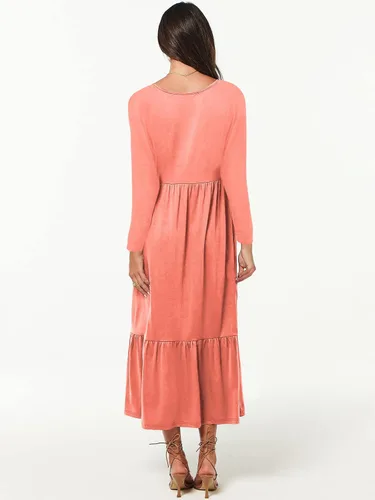 Vista 2 de Paintcolors Vestido largo casual de manga larga con cuello en V para mujer, vestido escalonado, color sólido, holgado, con vuelo, vestido midi
