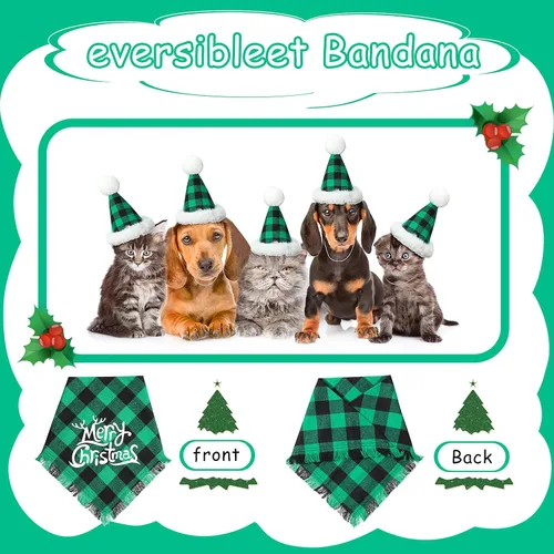 Vista 5 de Weewooday Juego de 3 piezas de disfraz de Navidad para perro, bandana a cuadros de búfalo, bufanda triangular, corbata de lazo para mascotas