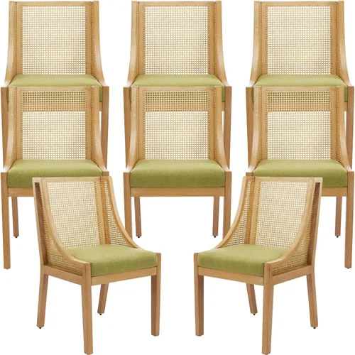 Vista 12 de ODUSE-DAILY Juego de 2 sillas de comedor French Country color beige, sillas de comedor de madera bohemia con respaldo tejido y asiento tapizado