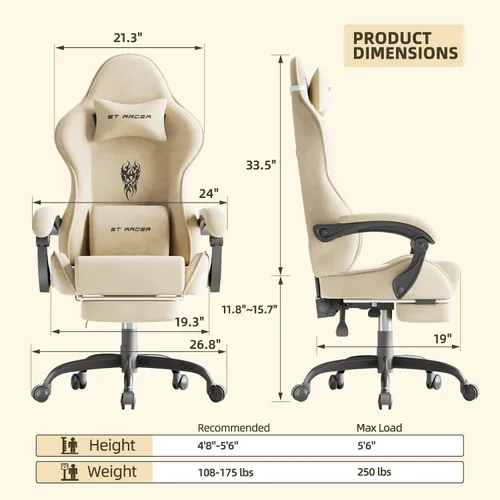 Vista 2 de Soontrans Sillas de tela de terciopelo para juegos con reposapiés, silla ergonómica para videojuegos para adultos, sillas reclinables de escritorio