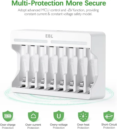 Vista 7 de EBL Baterías AAA Recargables con Cargador, 1100mAh NiMH, 1.2V, Recarga hasta 1200 veces, Baterías Triple A para Teléfono Inalámbrico (Paquete de 16)