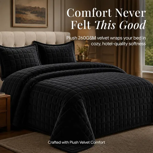 Vista 4 de Tribeca Living FLORENCEQUIKISI - Juego de acolchado Florencia, de terciopelo, sólido, tamaño grande), Negro, gemelo Ultra-Soft 260 GSM Plush