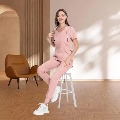 Vista 2 de niaahinn Conjunto de ropa quirúrgica para mujer, uniformes de enfermería de colores sólidos, cuello en V, camiseta médica clásica y pantalones