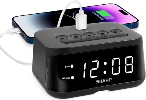 Vista 6 de Sharp Reloj despertador digital con puerto de carga USB-C súper rápido y pantalla LED verde