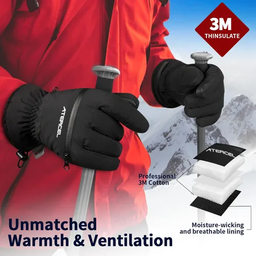 Vista 2 de ATERCEL Guantes de esquí impermeables, guantes Thinsulate cálidos 3M, pantalla táctil, ideales para hombres y mujeres en esquí, snowboard, motos