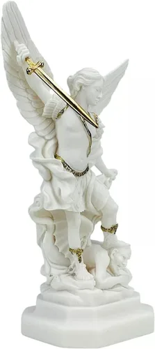 Vista 4 de Generic Saint St Michael Arcángel derrotó a Lucifer estatua griega figura de escultura con detalles dorados, oro blanco, altura: 9.1 in (9 pulgadas)