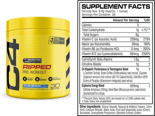 Vista 2 de Cellucor C4 Ripped Polvo de Preentrenamiento para Energía, Beta Alanina, Suplemento Energético Sin Azúcar Preentrenamiento para Hombres y Mujeres