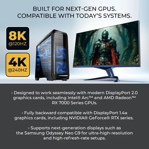 Vista 6 de OREI Cable AOC DisplayPort 2.0 8K de 30 pies - 54 Gbps, 8K a 120 Hz, 4K a